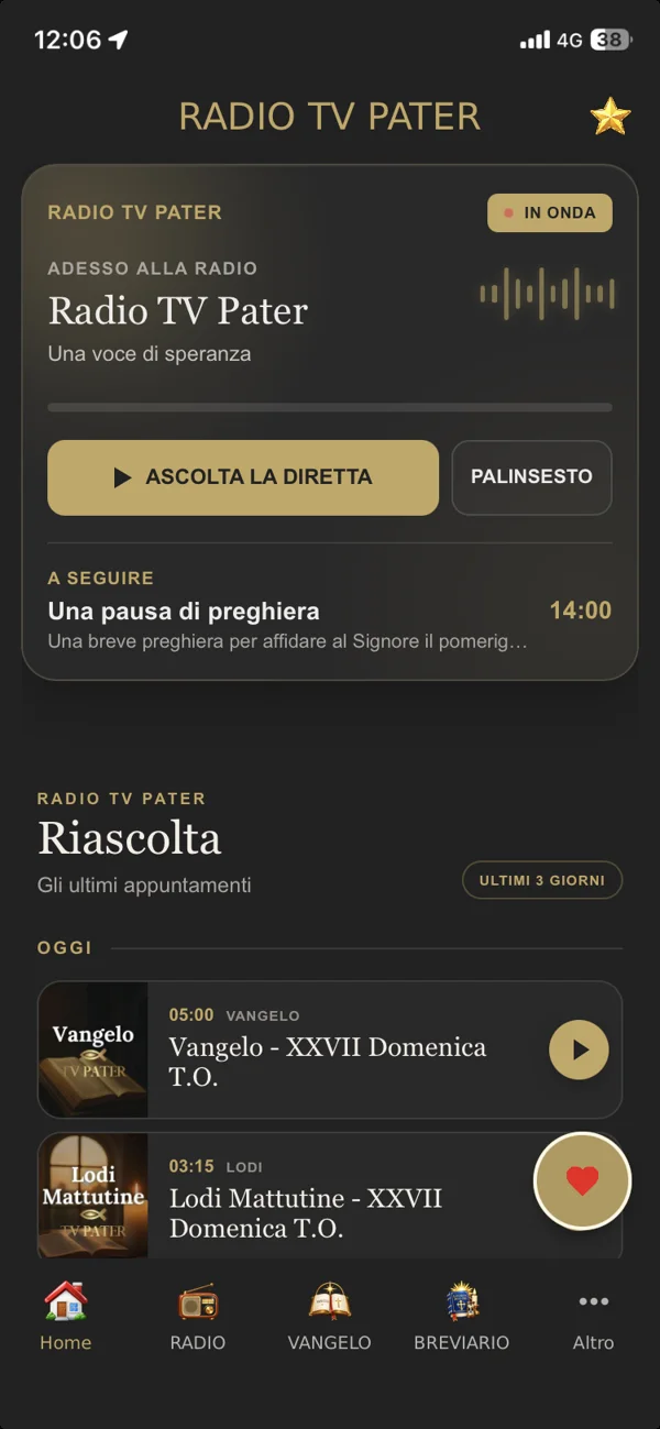 Mockup della schermata home dell’app Radio TV Pater, con diretta e contenuti di preghiera
