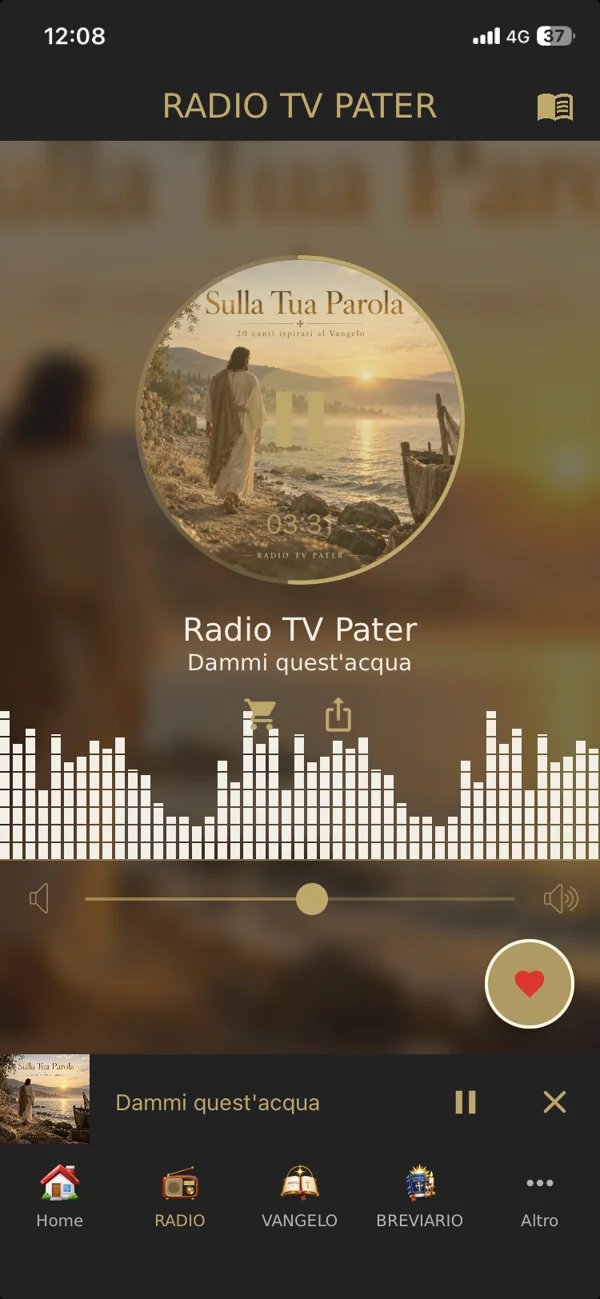 Anteprima del lettore musicale nell’app Radio TV Pater, con copertina del brano e controlli audio