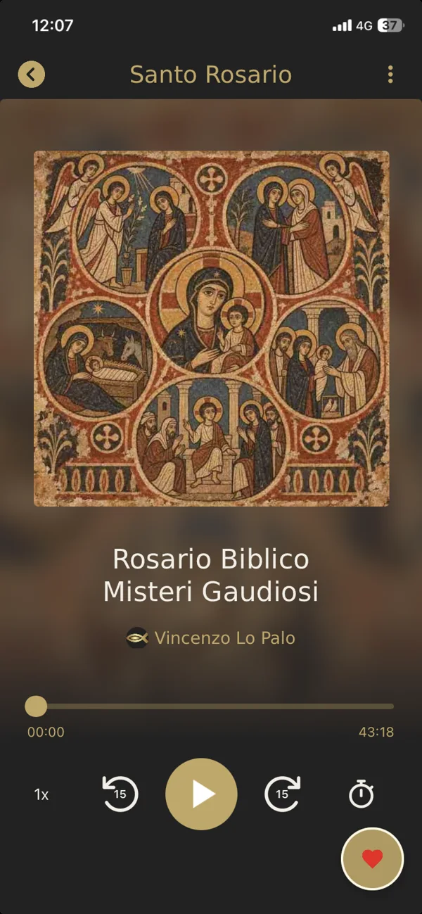 Anteprima dell’app: sezione Rosario e misteri con copertine illustrate