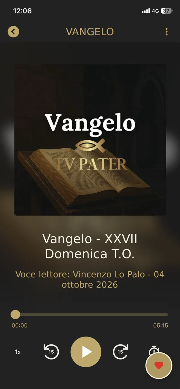 Anteprima dell’app Radio TV Pater: Vangelo con testo e controlli audio